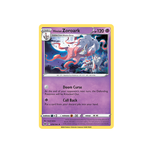 Hisuian Zoroark 076/196 Holo Rare Lost Origin Single