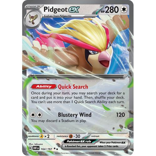 Pidgeot ex 164/197 Double Rare Scarlet & Violet Obsidian Flames Card