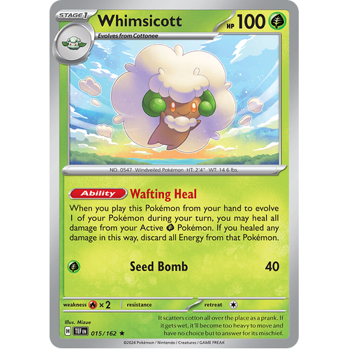 Whimsicott 015/162 Rare Scarlet & Violet Temporal Forces Near Mint Pokemon Card